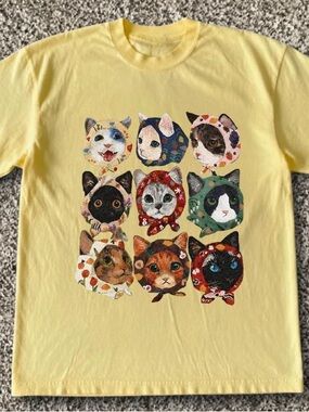 Gildan Yellow Haze Short Sleeve T-shirt with Colorful Cat Faces